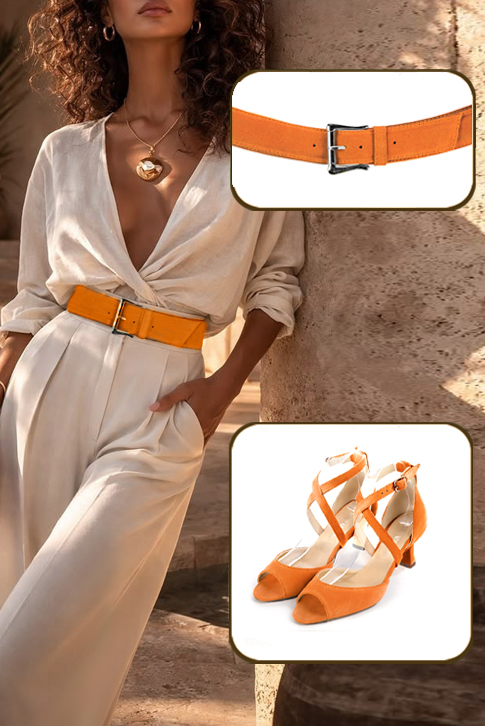 Sandales femme brides croisées fermées à l'arrière orange abricot. Bout carré. Talon bobine de 6 cm - Vue porté