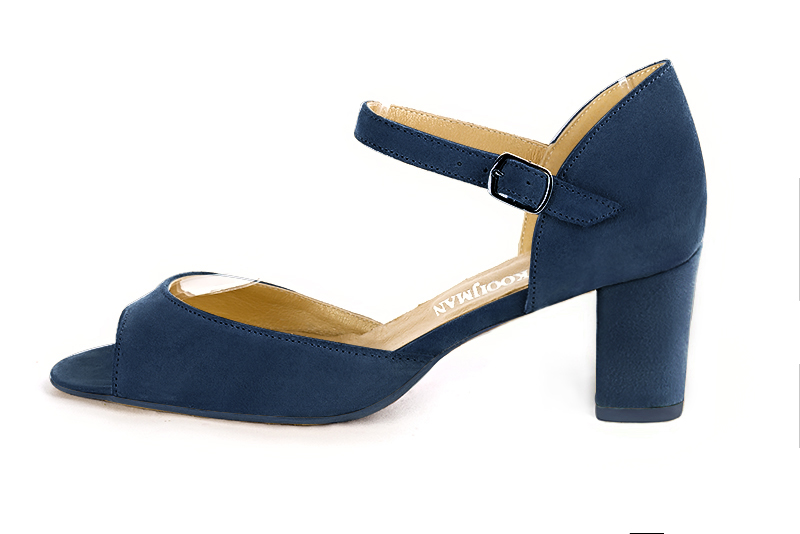 Sandale femme : Sandale soirées et cérémonies couleur bleu marine. Bout carré. Talon mi-haut bottier. Vue de profil - Florence KOOIJMAN