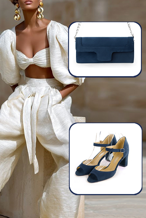 Sandales habillées femme bride cou-de-pied arrière fermé cuir bleu marine à talon bottier de 6.5 cm et bout carré - Vue porté