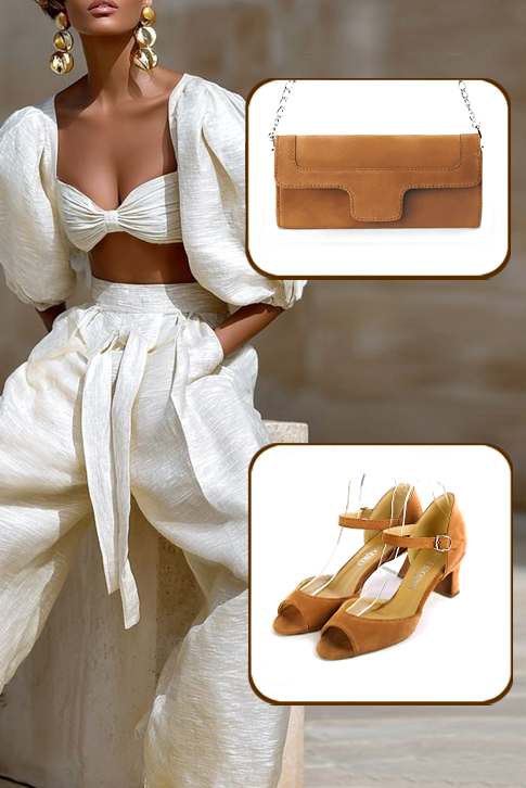 Sandales habillées femme bride cou-de-pied arrière fermé cuir beige camel à talon bobine de 6 cm et bout carré - Vue porté