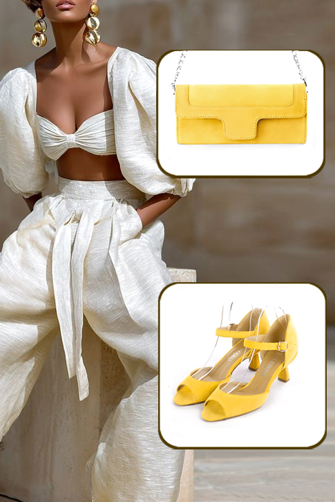 Sandales habillées femme bride cou-de-pied arrière fermé cuir jaune à talon bobine de 6 cm et bout carré - Vue porté