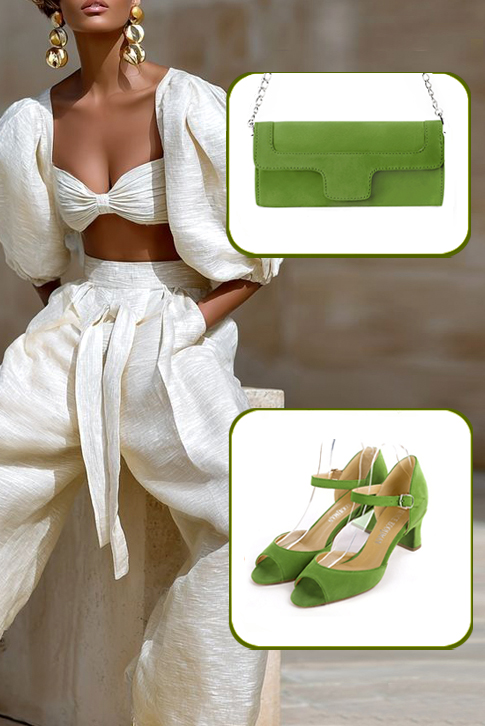 Sandales habillées femme bride cou-de-pied arrière fermé cuir vert anis à talon bobine de 6 cm et bout carré - Vue du dessus