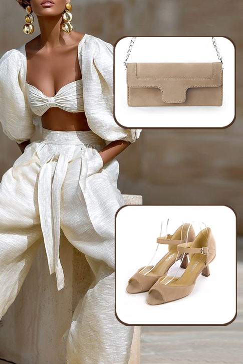 Sandales femme bride cou-de-pied fermées à l'arrière beige sahara. Bout carré. Talon bobine de 6 cm - Vue porté