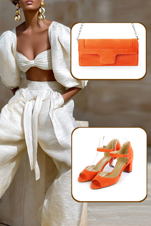 Sandales habillées femme bride cou-de-pied arrière fermé cuir orange clémentine à talon bottier de 6.5 cm et bout carré - Vue porté
