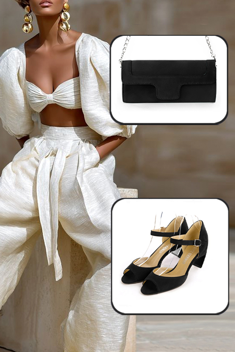Sandales habillées femme bride cou-de-pied arrière fermé cuir noir mat à talon virgule de 5.5 cm et bout carré - Vue porté