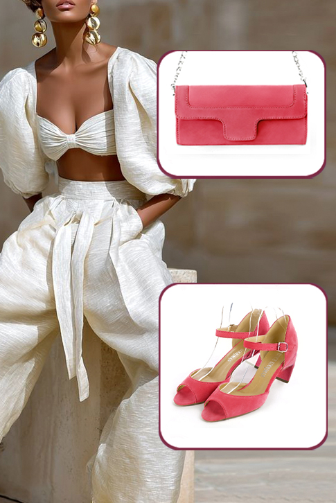Sandales habillées femme bride cou-de-pied arrière fermé cuir rose camélia à talon virgule de 5.5 cm et bout carré - Vue porté