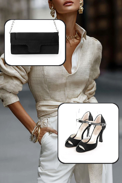 Sandales habillées femme bride cou-de-pied arrière fermé cuir noir mat et vieil argent à talon bobine de 8.5 cm et bout rond - Vue du dessus