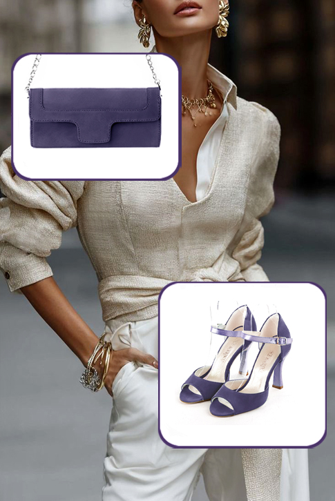Sandales habillées femme bride cou-de-pied arrière fermé cuir violet lavande et violet parme à talon bobine de 8.5 cm et bout rond - Vue porté