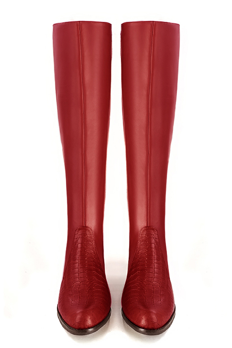 Botte femme : Bottes femme cavalières sur mesures couleur rouge coquelicot. Bout rond. Semelle cuir petit talon. Vue du dessus - Florence KOOIJMAN