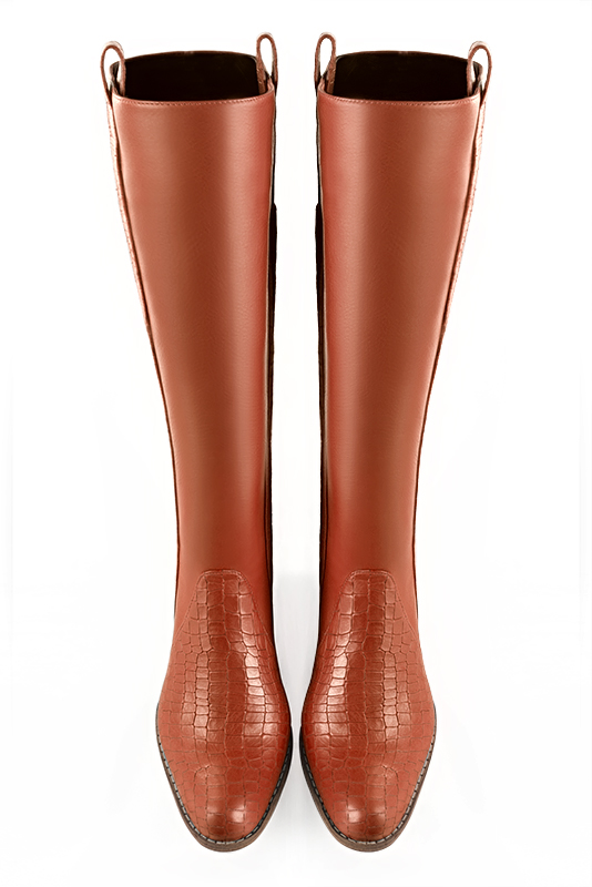 Bottes cavalière femme sur mesure orange corail. Bout rond. Semelle en cuir de 4.5 cm - Vue du dessus
