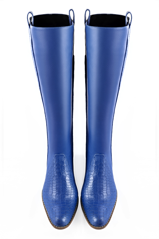 Botte femme : Bottes femme cavalières sur mesures couleur bleu électrique. Bout rond. Semelle cuir petit talon. Vue du dessus - Florence KOOIJMAN
