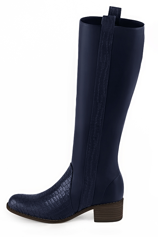 Bottes femme cavalières élégantes et raffinées, réalisées sur mesure, coloris bleu marine. Bout rond. Semelle cuir mi-haut. Mollets fins ou larges. Personnalisation : Choix des cuirs, des couleurs et des talons. - Florence KOOIJMAN