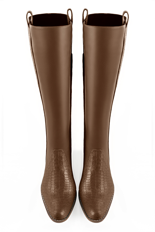 Bottes cavalière femme sur mesure marron caramel. Bout rond. Semelle en cuir de 4.5 cm - Vue du dessus
