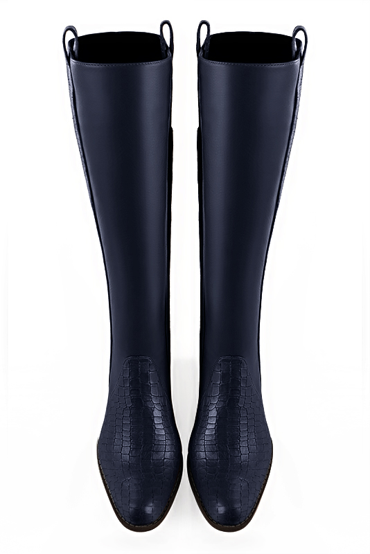 Botte femme : Bottes femme cavalières sur mesures couleur bleu marine. Bout rond. Semelle cuir petit talon. Vue du dessus - Florence KOOIJMAN