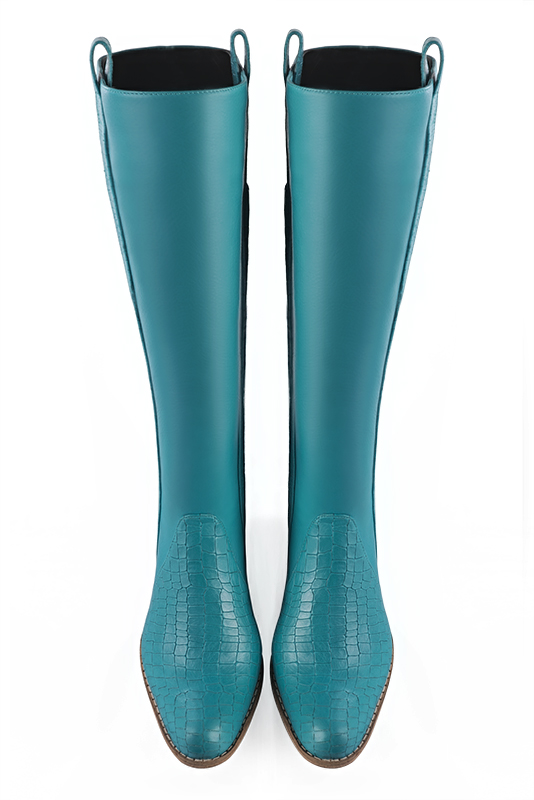 Botte femme : Bottes femme cavalières sur mesures couleur bleu turquoise. Bout rond. Semelle cuir petit talon. Vue du dessus - Florence KOOIJMAN