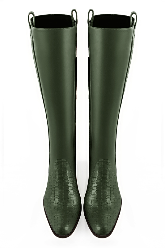 Botte femme : Bottes femme cavalières sur mesures couleur vert bouteille. Bout rond. Semelle cuir petit talon. Vue du dessus - Florence KOOIJMAN