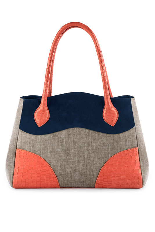 Sac à main  beige naturel, bleu marine et orange saumon haut de gamme. Personnalisation. Vue du dessus - Florence KOOIJMAN