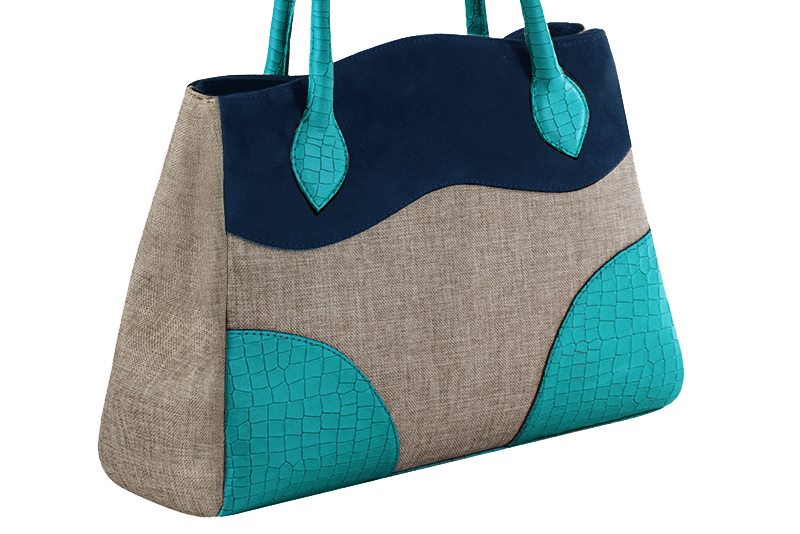 Sac à main  beige naturel et bleu marine haut de gamme. Personnalisation Vue avant - Florence KOOIJMAN