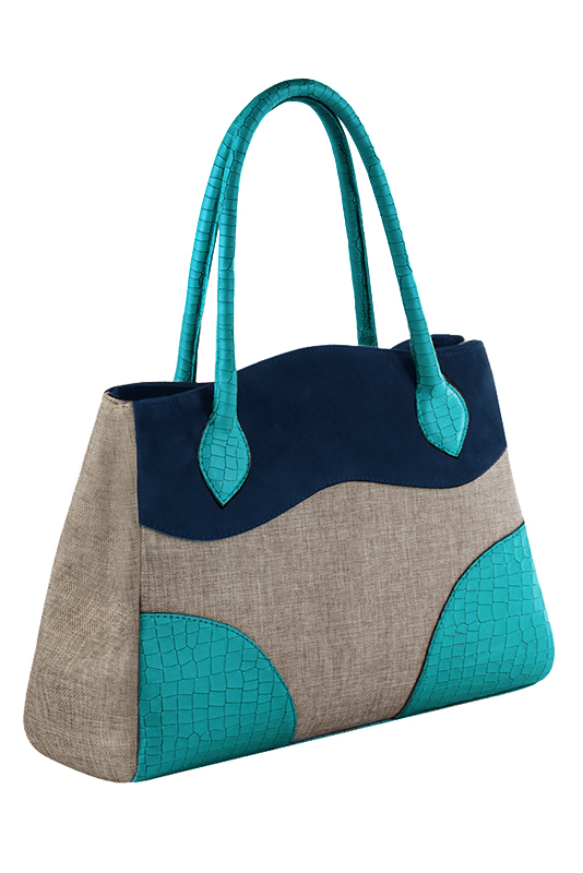 Sac à main  beige naturel et bleu marine haut de gamme. Personnalisation. Vue porté - Florence KOOIJMAN