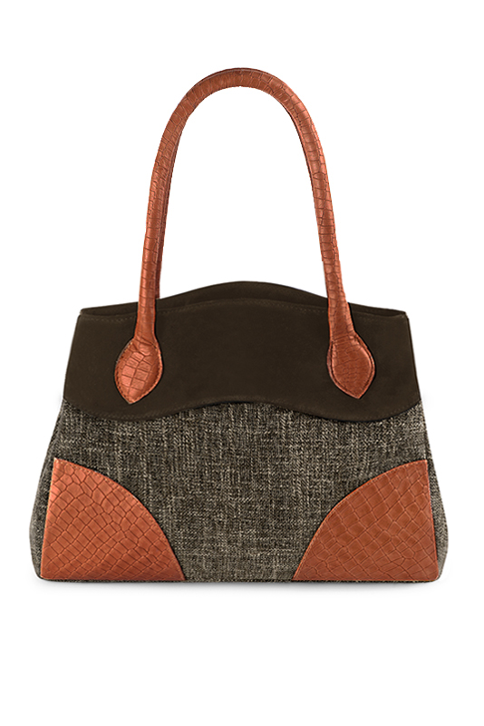 Sac à main  marron ébène et orange corail haut de gamme. Personnalisation. Vue du dessus - Florence KOOIJMAN