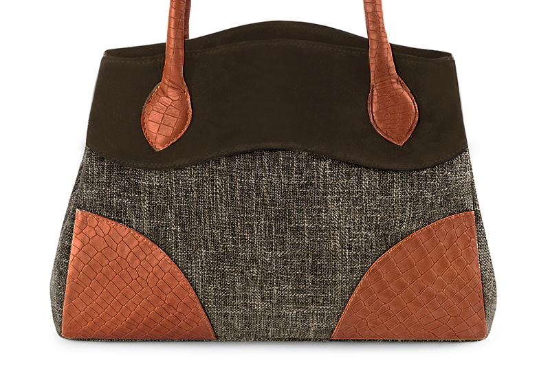 Sac à main  marron ébène et orange corail haut de gamme. Personnalisation. Vue de profil - Florence KOOIJMAN