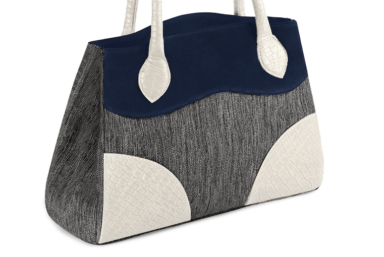 Sac à main  gris acier, bleu marine et blanc cassé haut de gamme. Personnalisation Vue avant - Florence KOOIJMAN