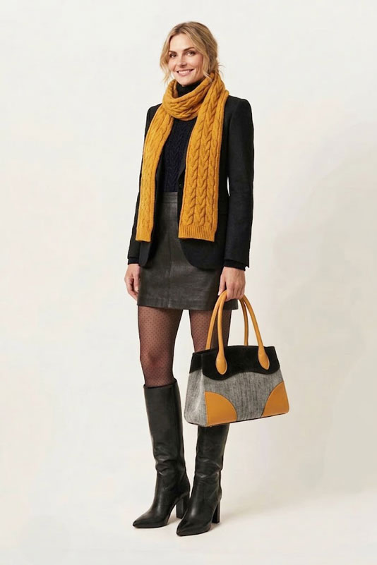 Grand sac cabas pour femme en cuir gris ardoise, noir mat et jaune moutarde - Vue porté