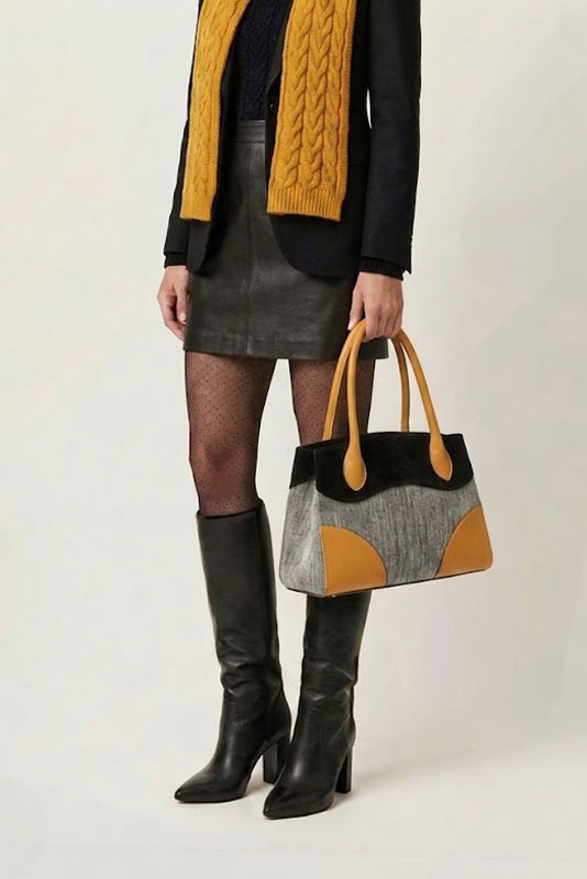 Grand sac cabas pour femme en cuir gris ardoise, noir mat et jaune moutarde - Vue du dessus