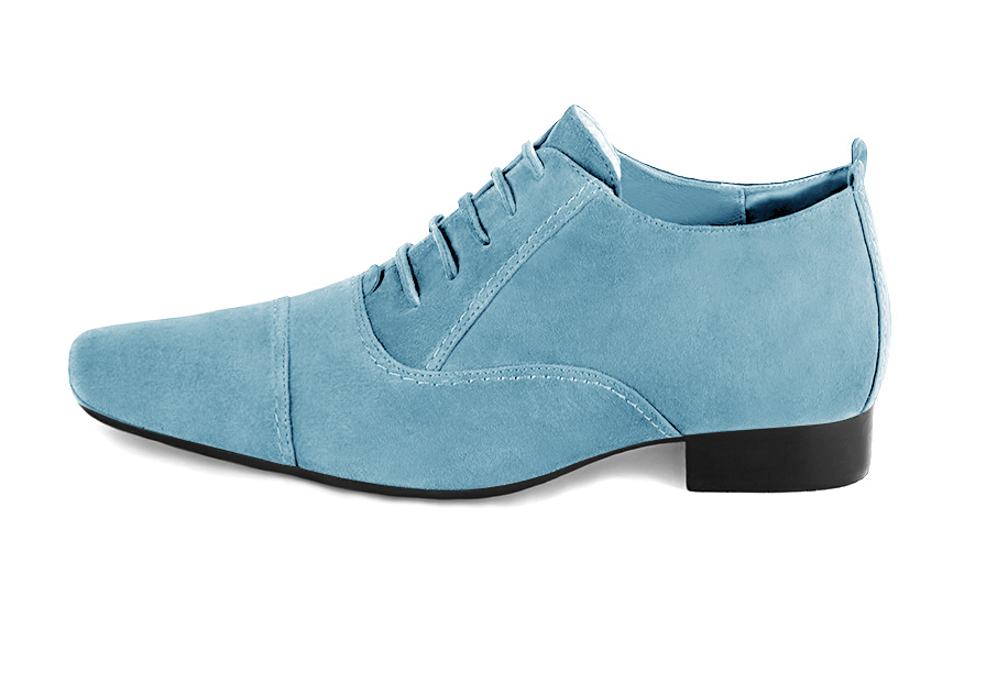Chaussure femme à lacets :  couleur bleu ciel. Bout rond. Semelle cuir talon plat. Vue de profil - Florence KOOIJMAN