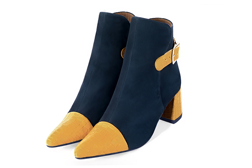 Boots femme : Boots avec des boucles à l'arrière couleur jaune ocre et bleu marine. Bout effilé. Talon mi-haut évasé Vue avant - Florence KOOIJMAN