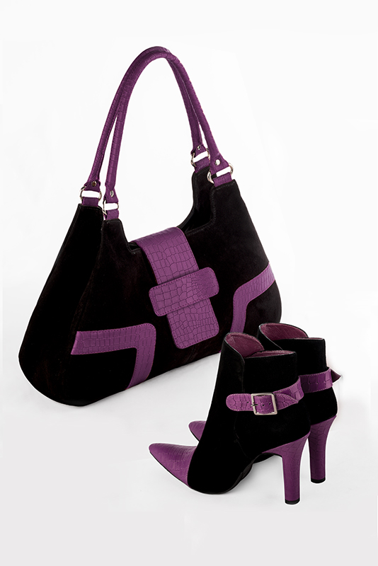 Boucles, sac et ceinture assortis couleur violet mauve et noir mat - Florence KOOIJMAN