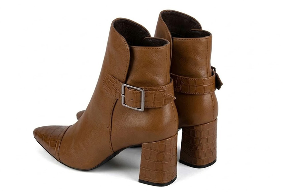 Bottines bride boucle sur l'arrière pour femme en cuir cognac avec bout effilé et talon évasé de 6.5 cm - Vue arrière