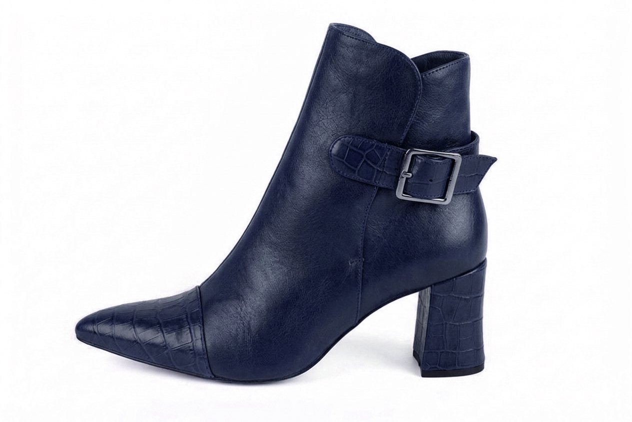 Bottines bride boucle sur l'arrière pour femme en cuir bleu marine avec bout effilé et talon évasé de 6.5 cm - Vue de profil