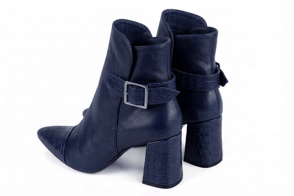 Bottines bride boucle sur l'arrière pour femme en cuir bleu marine avec bout effilé et talon évasé de 6.5 cm - Vue arrière