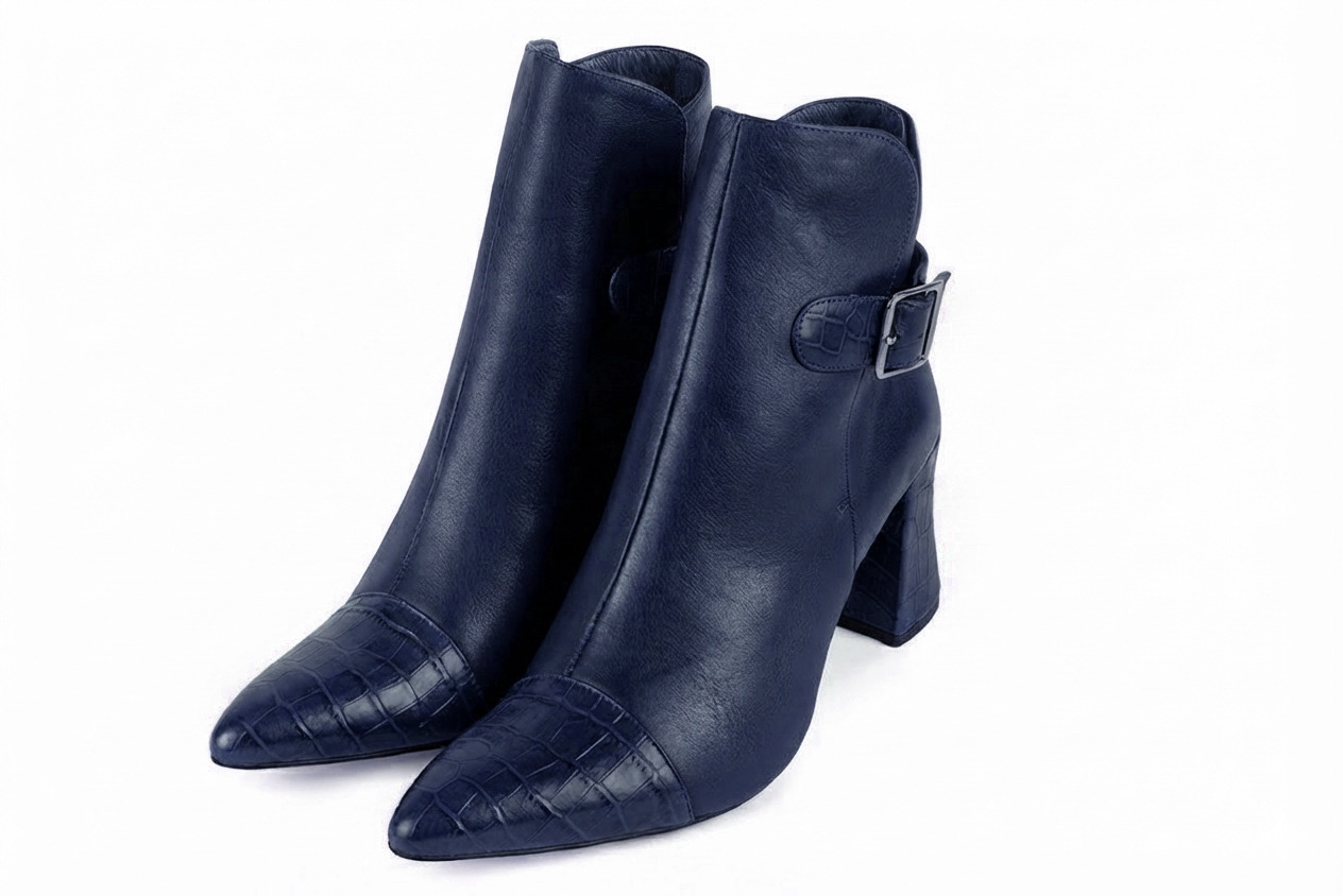 Bottines bride boucle sur l'arrière pour femme en cuir bleu marine avec bout effilé et talon évasé de 6.5 cm - Vue avant