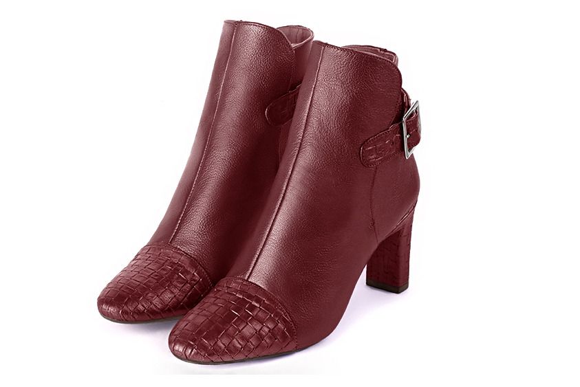 Bottines élégantes et raffinées avec des boucles à l'arrière, coloris rouge bordeaux. Bout rond. Haut. Talon virgule. Personnalisation : Choix des cuirs, des couleurs et des talons. Cou-de-pied sur mesure. - Florence KOOIJMAN