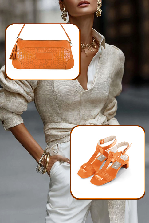 Sandales habillées femme brides croisées cuir orange abricot à talon trotteur de 3.5 cm et bout carré - Vue porté