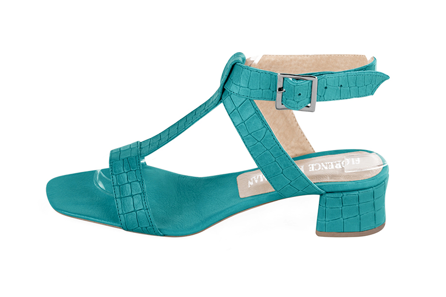 Sandales habillées femme brides croisées cuir bleu turquoise à talon évasé de 3.5 cm et bout carré - Vue de profil