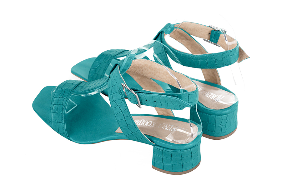 Sandales habillées femme brides croisées cuir bleu turquoise à talon évasé de 3.5 cm et bout carré - Vue arrière