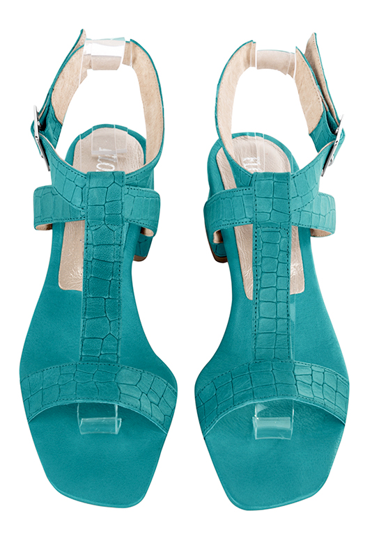 Sandale femme : Sandale soirées et cérémonies couleur bleu turquoise. Bout carré. Petit talon évasé. Vue du dessus - Florence KOOIJMAN
