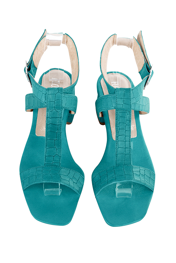 Sandales habillées femme brides croisées cuir bleu turquoise à talon évasé de 3.5 cm et bout carré - Vue du dessus