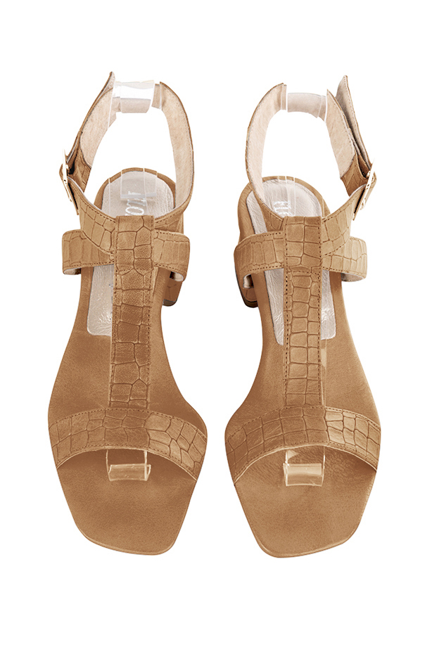 Sandales habillées femme brides croisées cuir beige camel à talon évasé de 3.5 cm et bout carré - Vue du dessus