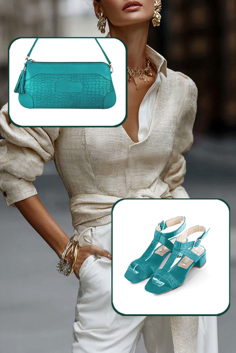 Sandales habillées femme brides croisées cuir bleu turquoise à talon évasé de 3.5 cm et bout carré - Vue porté