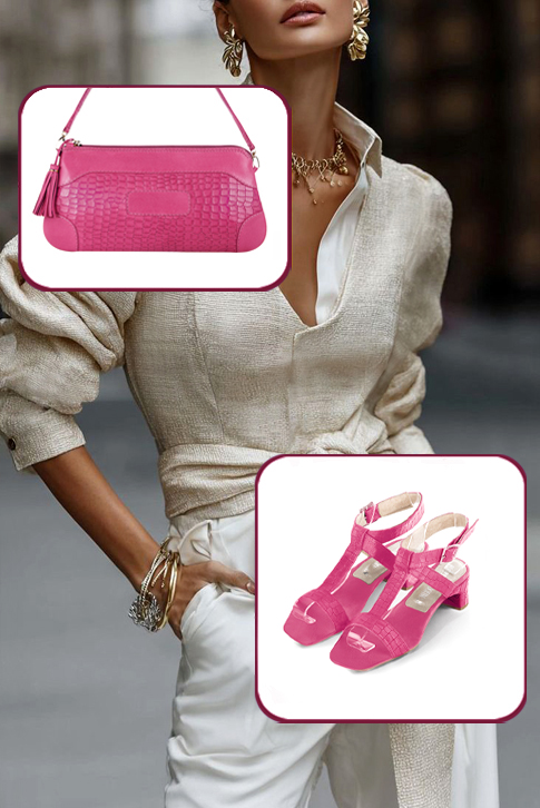 Sandales habillées femme brides croisées cuir rose fuchsia à talon trotteur de 3.5 cm et bout carré - Vue porté