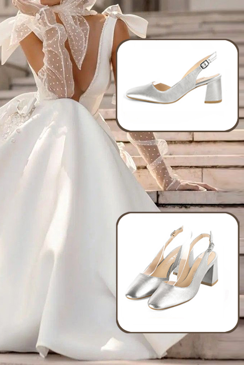 Escarpins habillés bride arrière cuir argent à talon évasé de 6 cm et bout rond - Vue du dessus