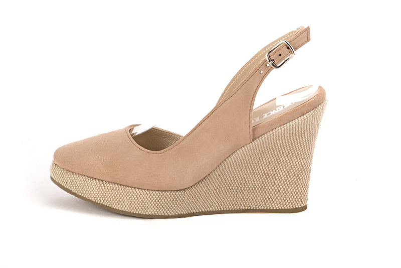 Chaussure femme à brides : couleur beige biscuit. Bout rond. Semelle compensée talon très haut. Vue de profil - Florence KOOIJMAN