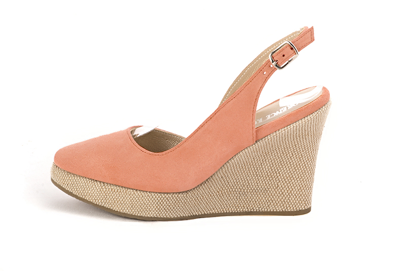 Chaussure femme à brides : couleur orange pêche. Bout rond. Semelle compensée talon très haut. Vue de profil - Florence KOOIJMAN