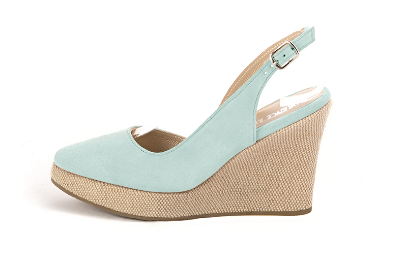 Chaussure femme à brides : couleur bleu lagon. Bout rond. Semelle compensée talon très haut. Vue de profil - Florence KOOIJMAN
