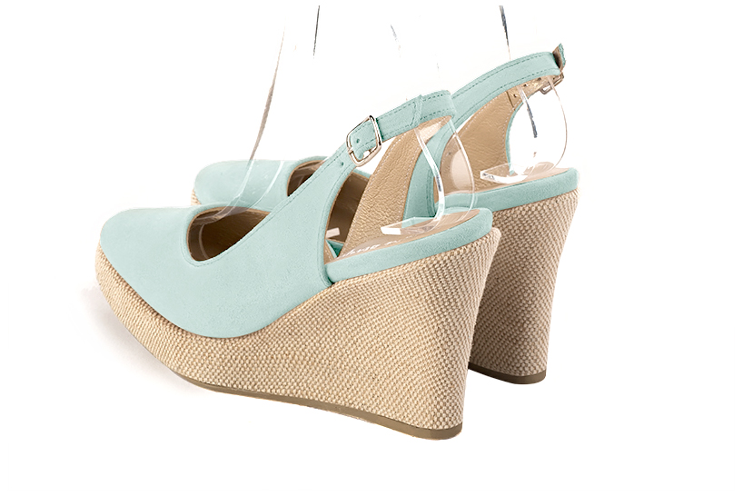 Chaussure femme à brides : couleur bleu lagon. Bout rond. Semelle compensée talon très haut. Vue arrière - Florence KOOIJMAN