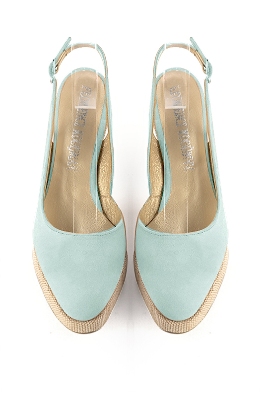 Chaussure femme à brides : couleur bleu lagon. Bout rond. Semelle compensée talon très haut. Vue du dessus - Florence KOOIJMAN